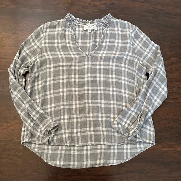 Cloth & Stone Anthropologie gray & white plaid flannel long sleeve top size L - Picture 6 of 12